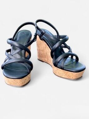 Black Strappy Cork Platform Wedge Sandals - Women